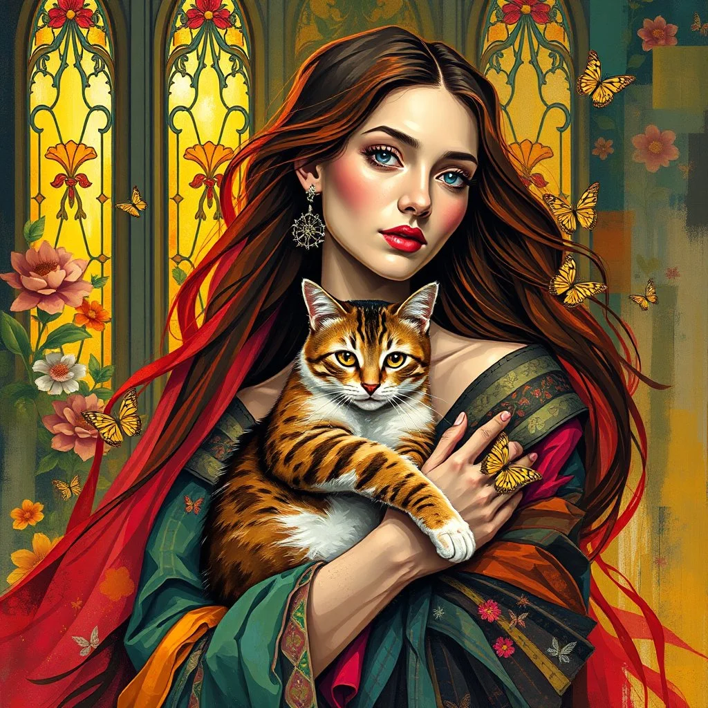 A vibrant, artistic portrait of a woman holding a cat, with rich, layered, and vivid colors. The woman is surrounded by flowing fabrics in bold hues, intricate floral patterns in the background, and dynamic brushstrokes that create a sense of movement. Add golden light filtering through stained-glass windows, delicate butterflies fluttering around, and abstract geometric shapes blending into the scene. The style is expressive, painterly, and immersive, evoking a sense of wonder and depth.