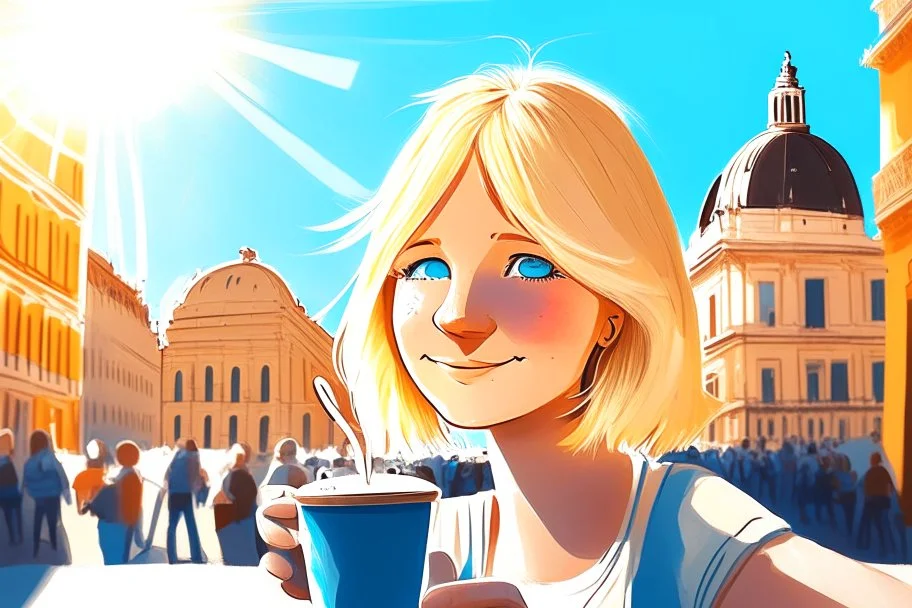 contented cute blonde blue eyed chibi woman drinking coffee in Rome in sunshine