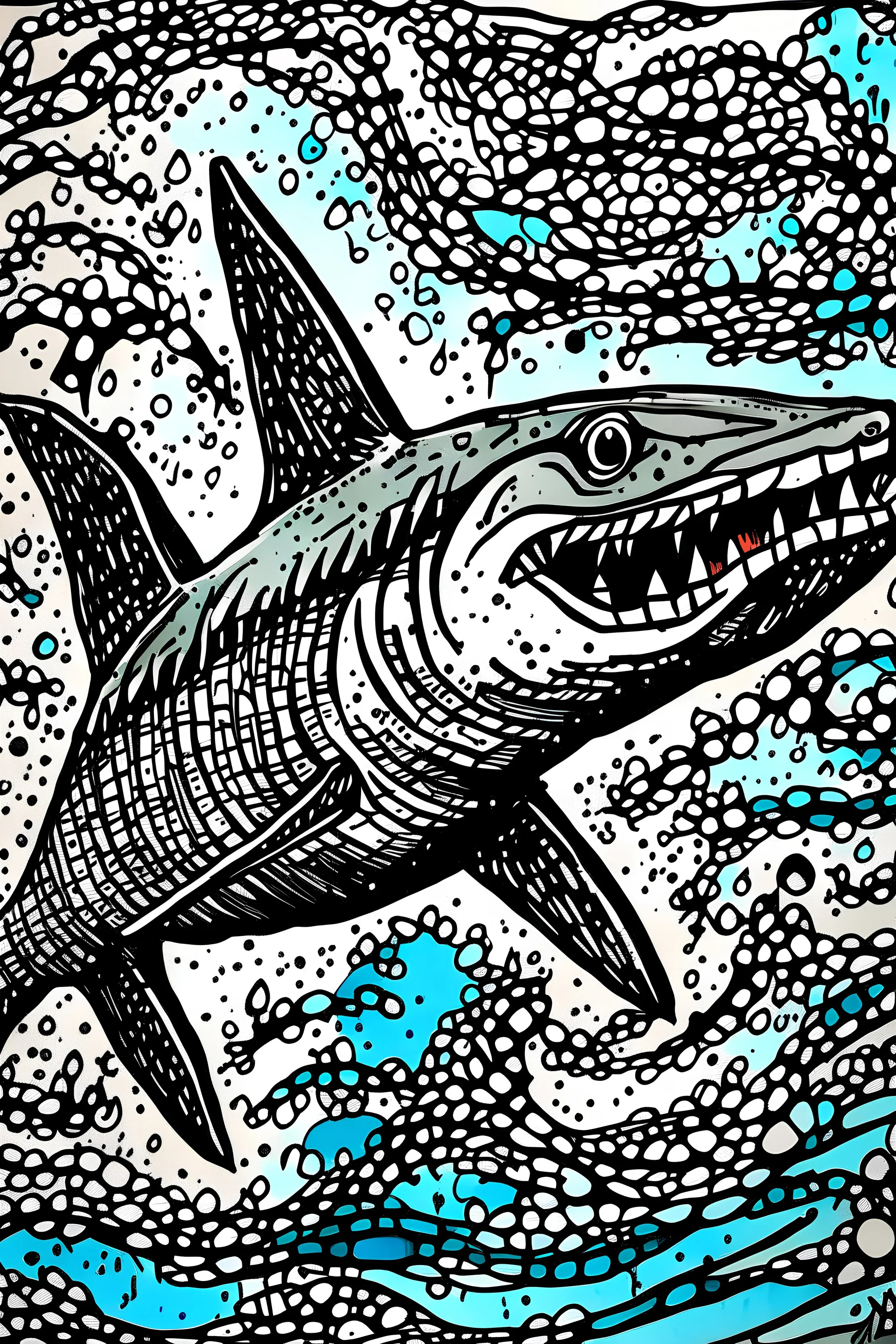 An art naive style drawing of a shark colored in free flowing liquid black inks