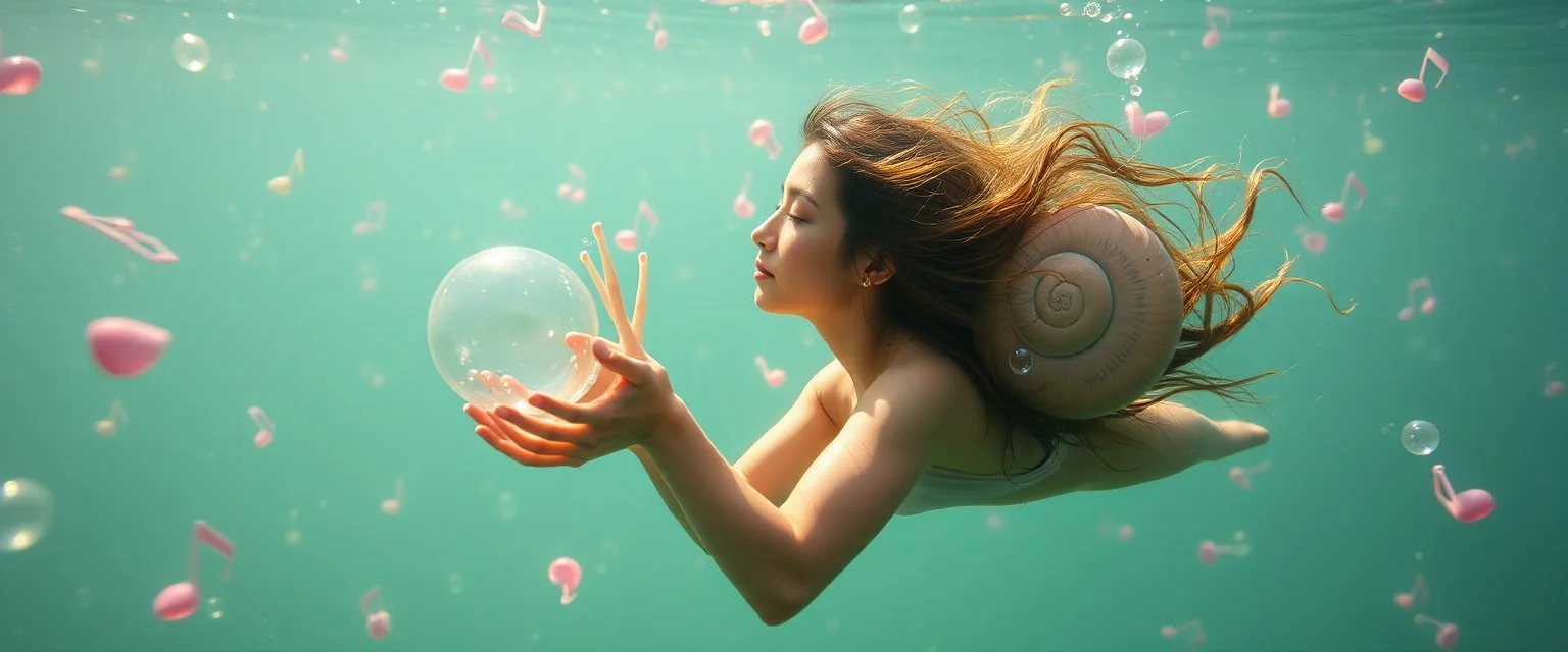 sweedish true yoga mind bending bubble gum as a young woman floating transparent music notes in the weirder universe in the ocean with the snail fish king