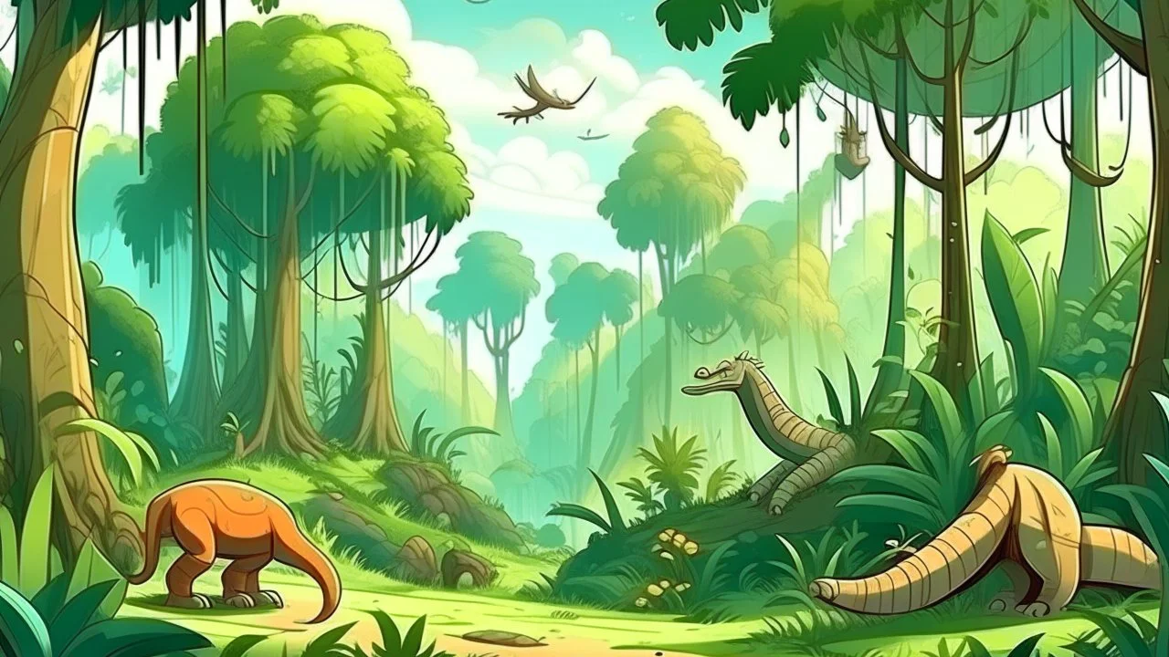 Cartoon illustration for children: Cenozoic rainforest, millions of years ago, with towering prehistoric trees and strange looking gigantic plants