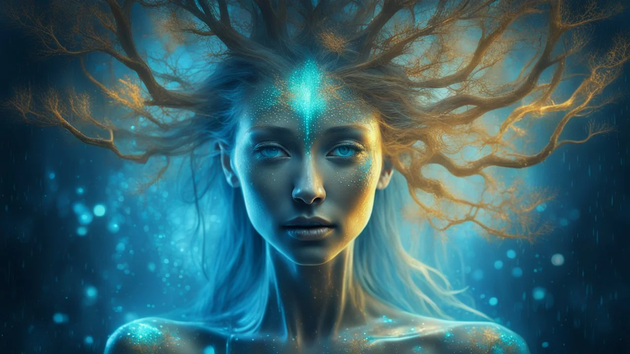 The photo is done in a bioluminescent and bioluminescent art style depicting a divine tree woman, double exposure, Bioluminescent wet translucent glowing skin, ethereal glowing eyes, embossed, long neck, perfect face in ultra-realistic details, blue shades, gold, flowing hair, Composition imitates cinematic film with dazzling, golden and silver lighting effects. Intricate details, sharp focus, crystal clear skin create high detail. 3d, 64k, high resolution, high detail, computer graphics, hyperr