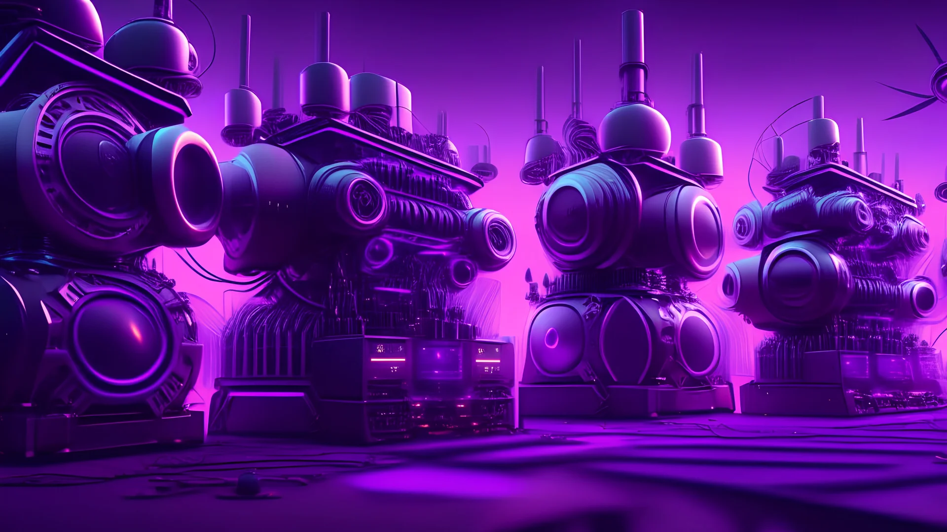 five giant magic generator machines side by side with lots of gadgets, purple tones, dreamy, psychedelic, 4k, sharp focus, volumetrics, trippy background