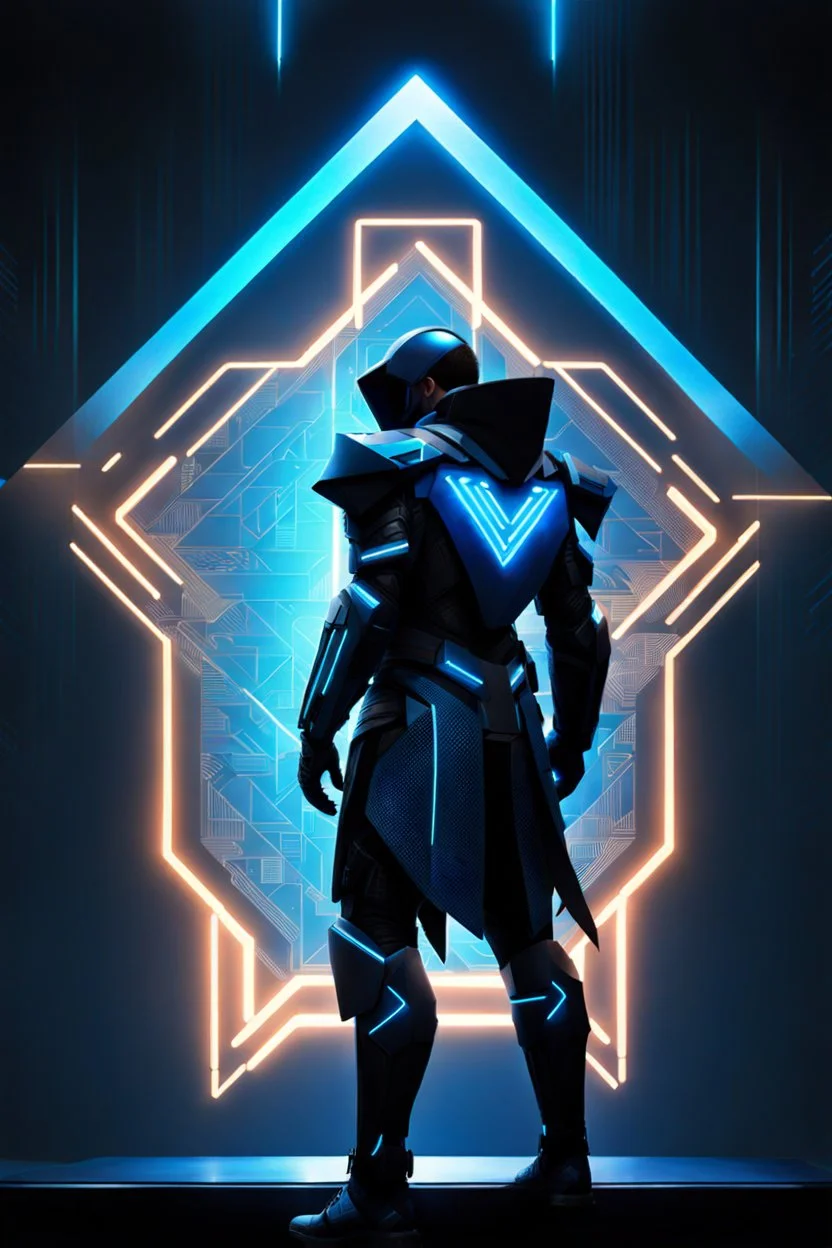 cyberpunk, neon blue, triangle of light floating behind the back, cyber armor, geometric patterns on an armor, male