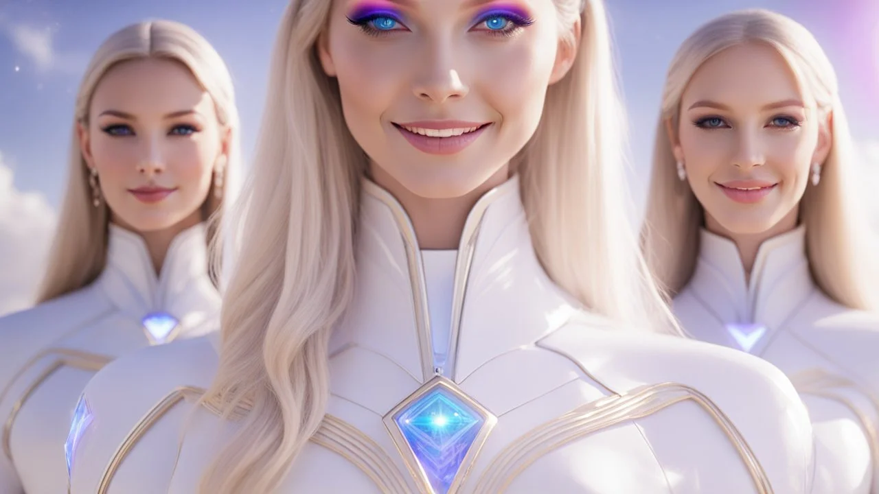 cosmic woman ,beautiful ufos rainbow, admiral from the future, galactic confédération, fine whole face, crystalline skin, expressive purple eyes,rainbow, smiling lips, very nice smile, costume pleiadian, Beautiful tall woman pleiadian Galactic commander, ship, perfect datailed golden galactic suit, high rank, long blond hair, hand whit five perfect detailed finger, amazing big puple eyes, mouth, high définition lips, cosmic happiness, bright colors