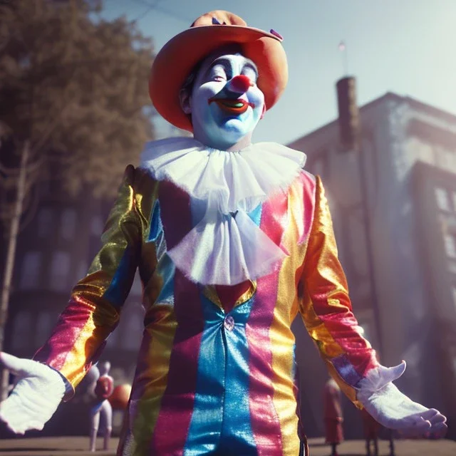 Ultra realistic circus scene. clown sweet man, waist up view, Wes Anderson style, happy, highly detailed, concept art, unreal engine 5, god rays, ray tracing, RTX, lumen lighting, ultra detail, volumetric lighting, 3d, finely drawn, high definition, high resolution.