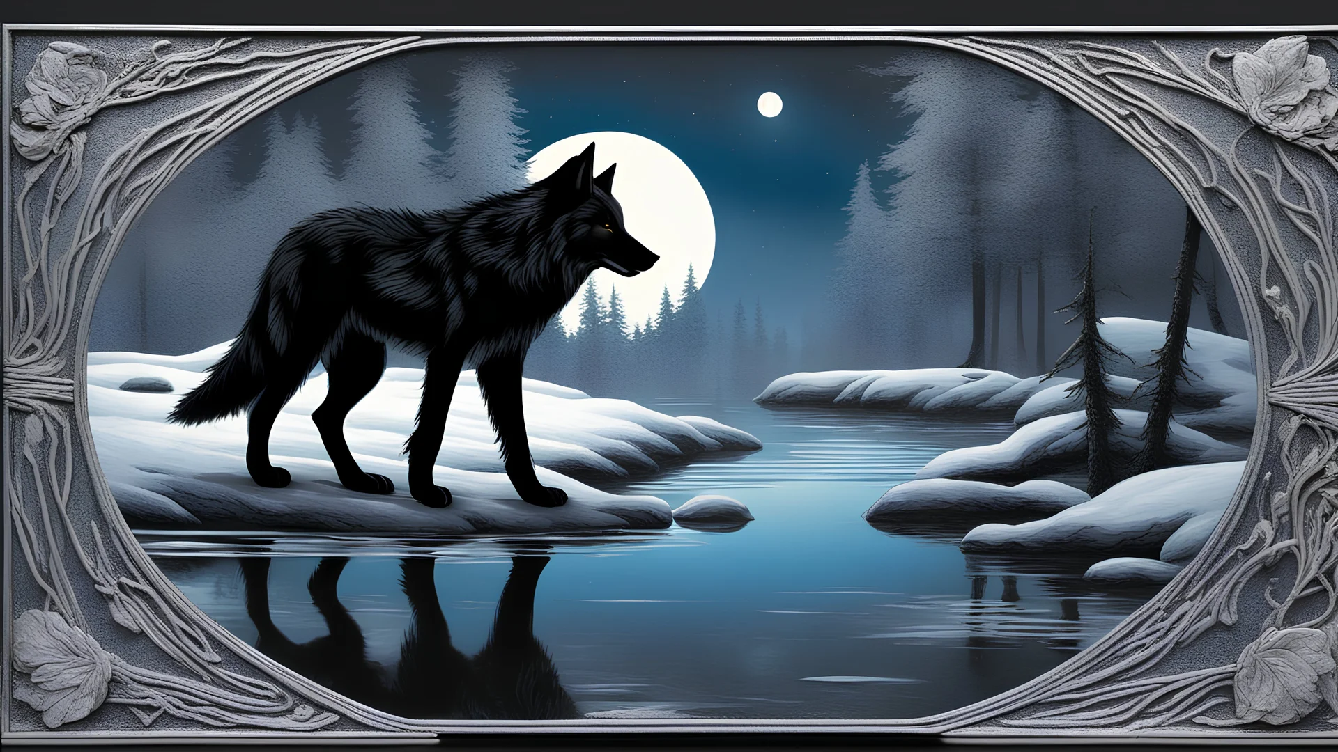 Create a mesmerizing nocturnal tableau featuring a sleek black wolf poised at a tranquil pond nestled within an enchanted forest. The wolf, exuding an aura of regal grace, delicately sips from the crystalline waters under the gentle caress of moonlight, its silhouette a captivating dance against the darkened backdrop. The pond's mirror-like surface mirrors the celestial tapestry above, infusing the scene with an ethereal luminescence. The forest, cloaked in shadow, serves as a mystical embrace,