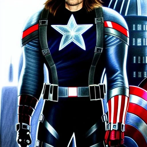 ultra detailed fullbody DRAWING of WINTER SOLDIER with mechanical arm, extremely detailed digital painting, intrincate, intense stare, extremely detailed face,crystal clear Big Glowing eyes, mystical colors , perfectly centered image, perfect composition, rim light,extremely sharp detail, finely tuned detail, beautiful lighting, 8k, stunning scene, raytracing, anatomically correct, in the style of robert e howard and Ken Kelley and Ohrai Noriyoshi and Simon Bisley and tomzj1