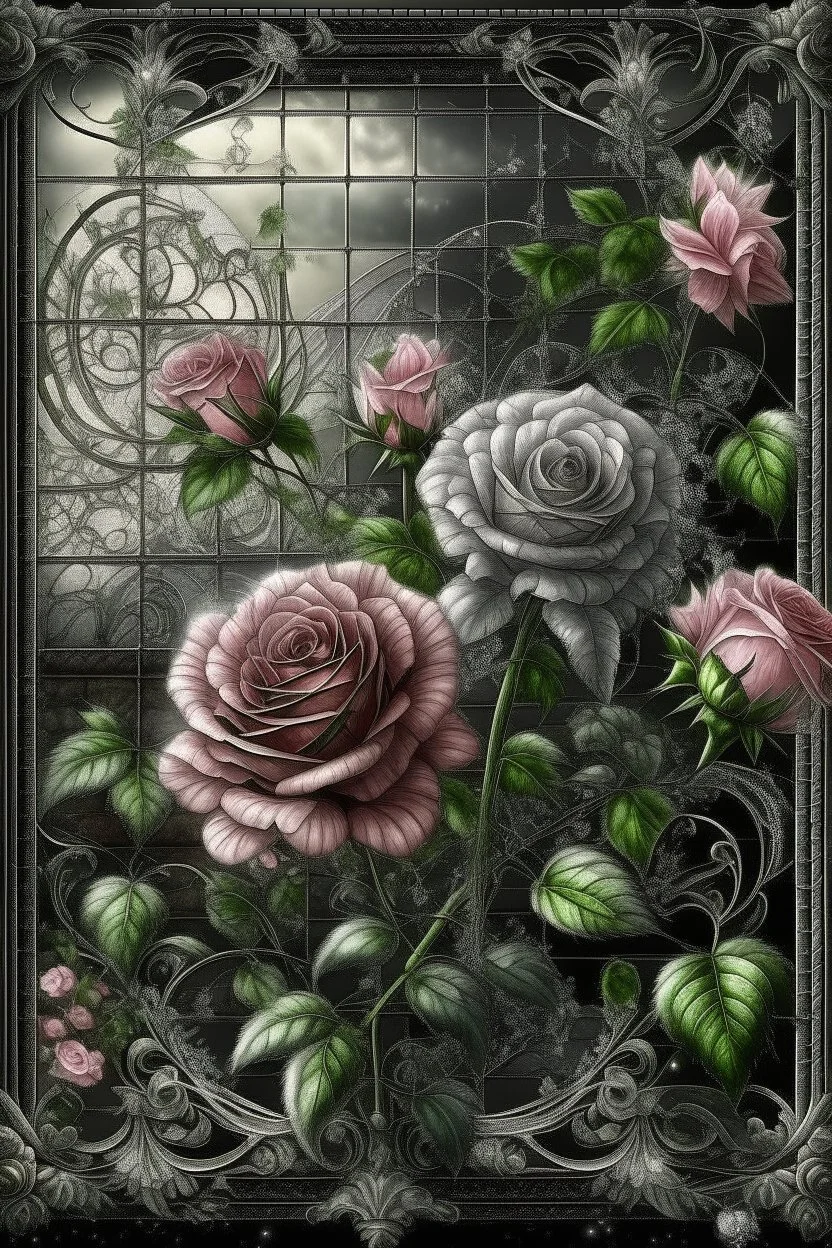 63. beautiful landscape elegant blooming pink roses and daisies, lots of greenery, sequins, dew filigree, smoke fractal, spiral space outside the window, hyperrealism, glitter, glare, hyperdetalization. vintage, inlaid outline in black pencil, aesthetically pleasing, beautiful, realistic, high resolution, high detail