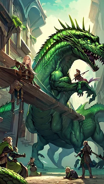 A green dragon over a medieval village