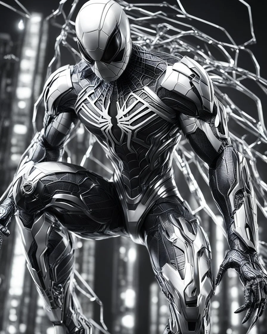 Arte lineal Spiderman cyborg ñ, calidad ultra, hiperdetallado, maximalista, color blanco, increíble obra de arte piernas completas pies completos