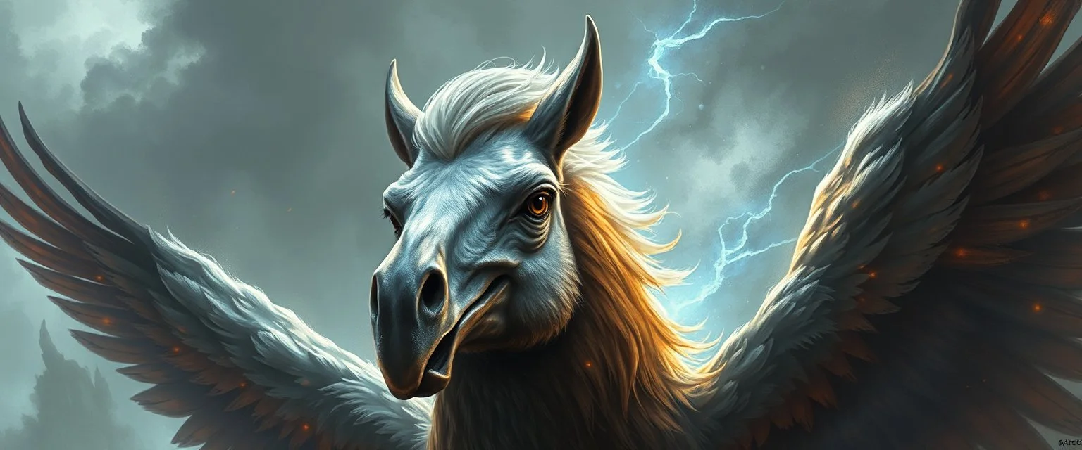 bird with horseface looks beyond really powerful, fantasy illustration