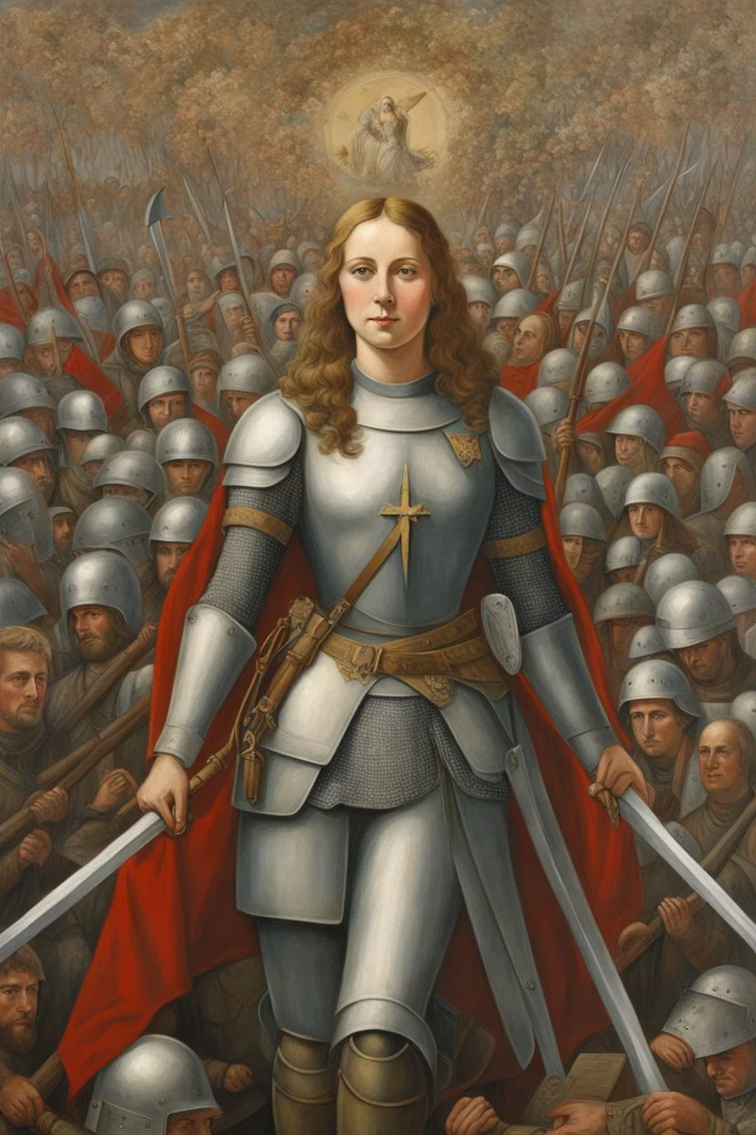 Portrait Art **Featured Art:** The Savior of France: A piece showing Joan leading an army, with the soldiers representing the labor force. Their faces could be made up of words or symbols representing labor rights and laws. **Appearance:** art ideas that encapsulate the essence of Joan of Arc (an French female / women patron saint of France, honored as a defender of the French nation for her role in the siege of Orléans and her insistence on the coronation of Charles VII of France during the Hun