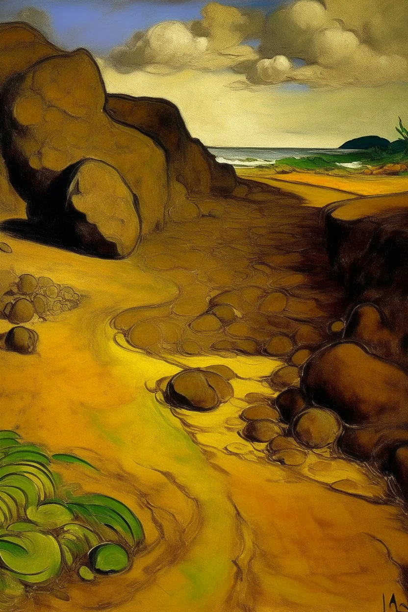 A dark yellowish brown rocky road surrounded in sand painted by Paul Gauguin