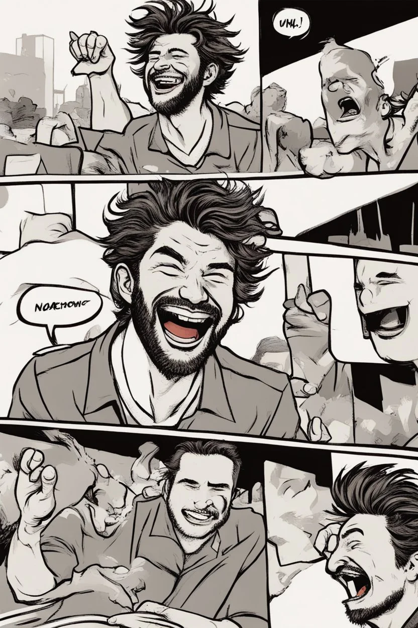 man with scruffy hair and stubble laughing at people panicking comic book style