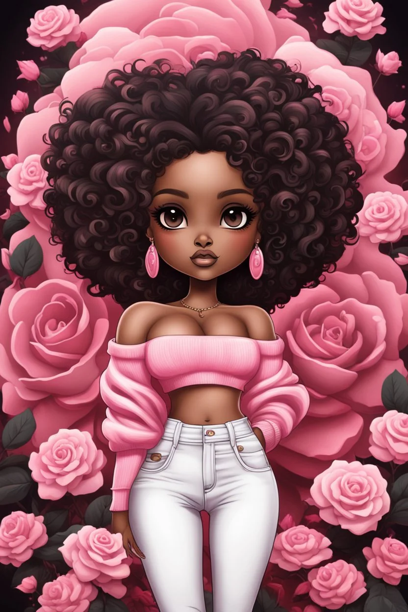 Create an abstract art style image of a chibi thick curvy african american female wearing tight white jeans and rose pink off the shoulder sweater.. Prominent make up with brown eyes. Highly detailed wild long curly black air flowing in her face. Background of rose pink and black flowers all aroun
