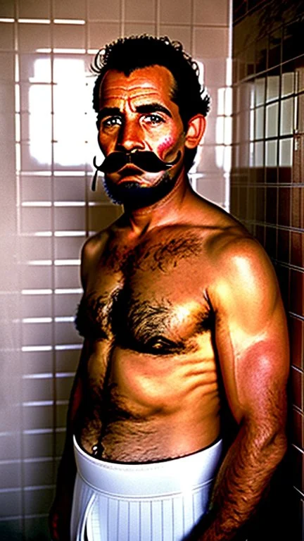 photo of stocky marocan with moustache 40 years old under the shower, hairy chest, big tights, in a old bathroom, misery and poverty, photorealism, 35mm lens, ultra detailed