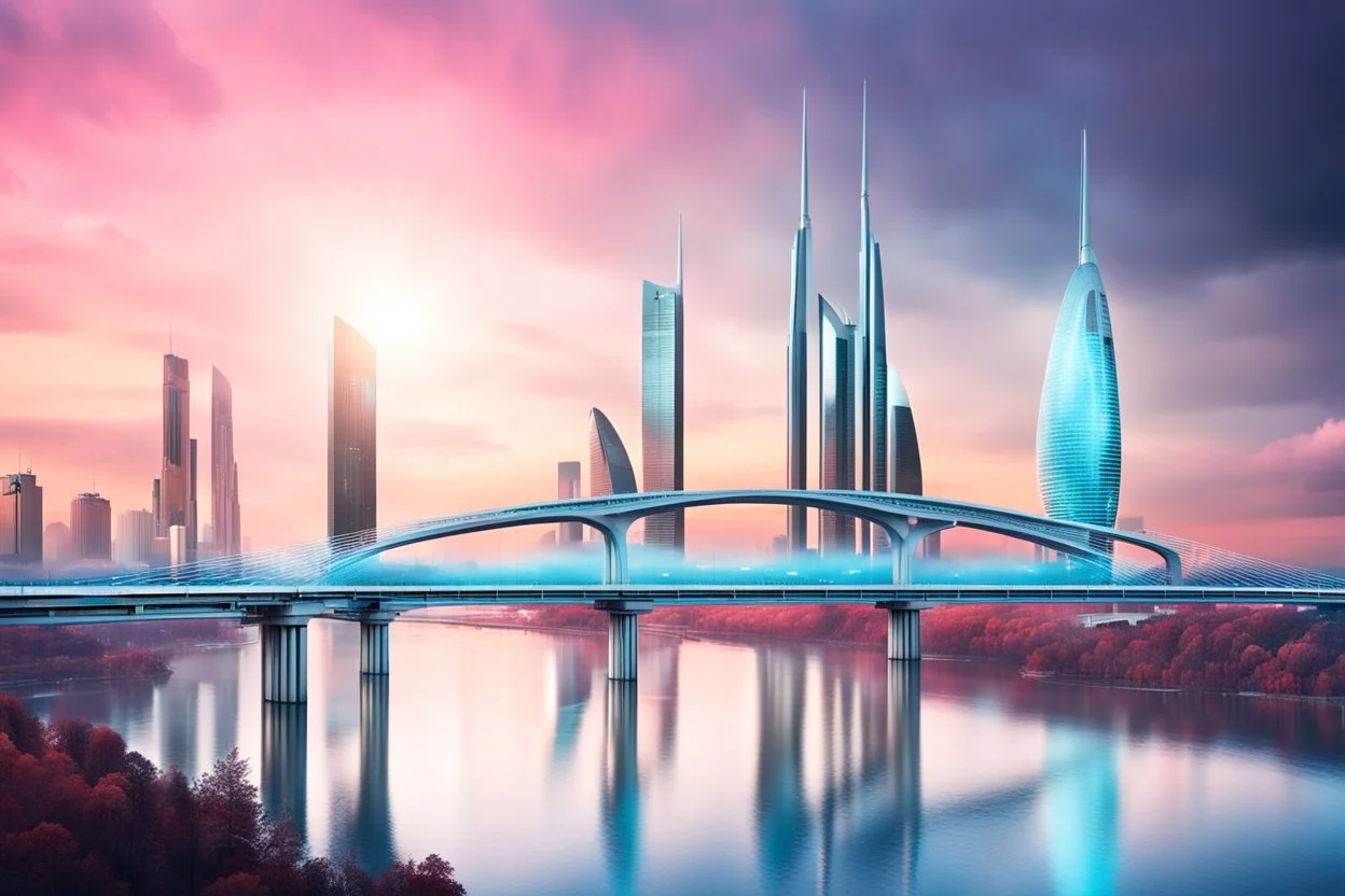 Dreamlike Skyline of Downtown futuristic hightech city in 4050 and a stunning futuristic Bridge During. dark grey and black clouds , storm, dark azur color river, cold colors, come storm, rain, high detalied, sci-fi, landscape