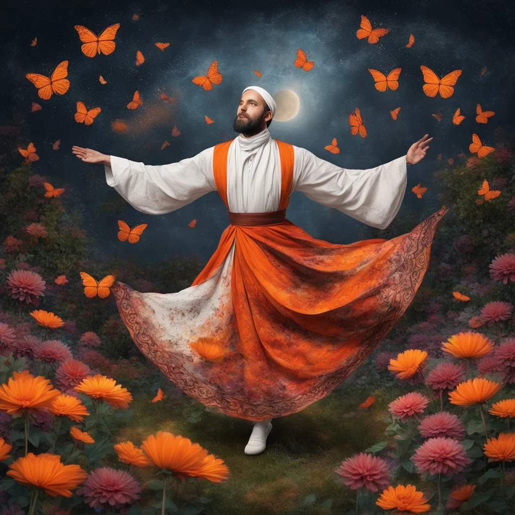 Hyper Realistic Sufi Whirling with Orange & Maroon painted cloth Islamic Sufi Rustic Grungy in a beautiful flower garden at dark night with butterflies & starts on sky