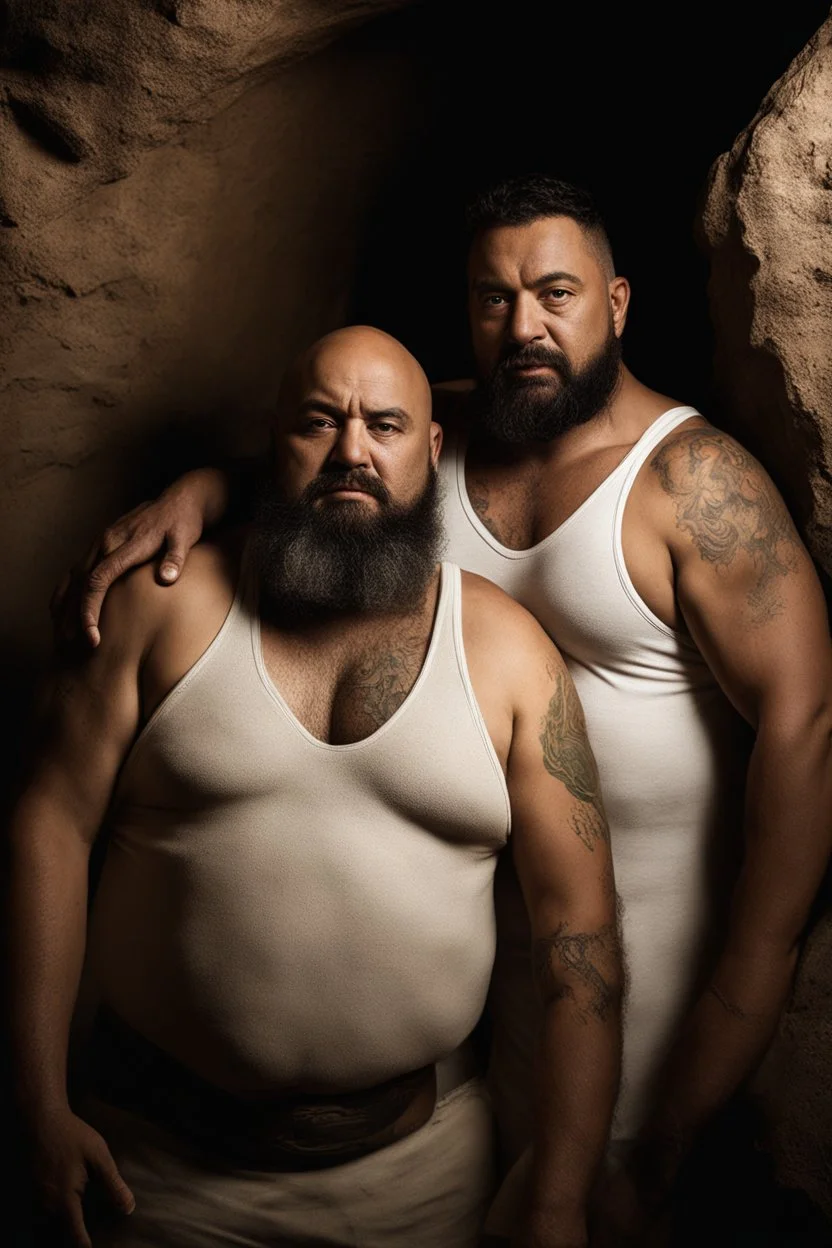 full figure shot photography of two chubby stocky arabs prisoners embraced close, 43 years old in white boxer and dirty tank top, short hair, beard, hairy, sweat, tattoo, in a dark cave, ugly, bullneck, muscular, manly chest, manly arms, emotive eyes, photorealistic, ultradetailed, 32k, ambient occlusion, lit by bonfire, misery and poverty, side view from below