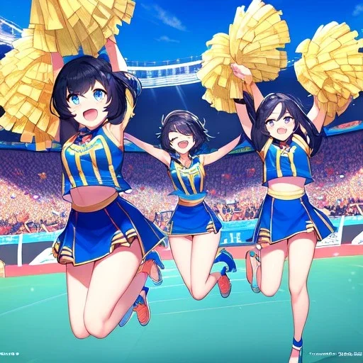 Clear focus,High resolution, Black short fluffy hair, and blue eyes, wearing a cheerleader outfit, smiling, jumping, hands in air, short skirt