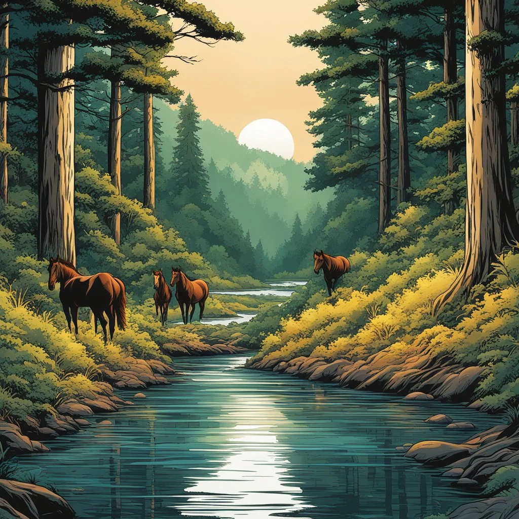 Ilustración estilo cómic de un bosque con río y tres caballos cálida ultra hiperdetallado