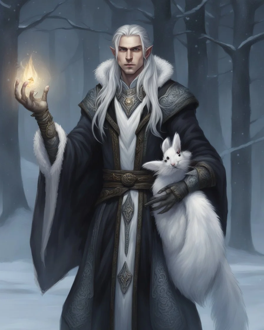 a young High Elf frost Wizard with long wiry hair, wearing a black trimmed white nobleman's robe and frost ornaments on clothes, with a small weasel on his shoulder