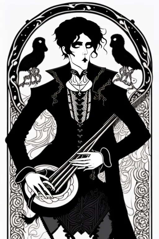 goth male necromancer with black hair playing a hurdy-gurdy in the style of Aubrey Beardsley