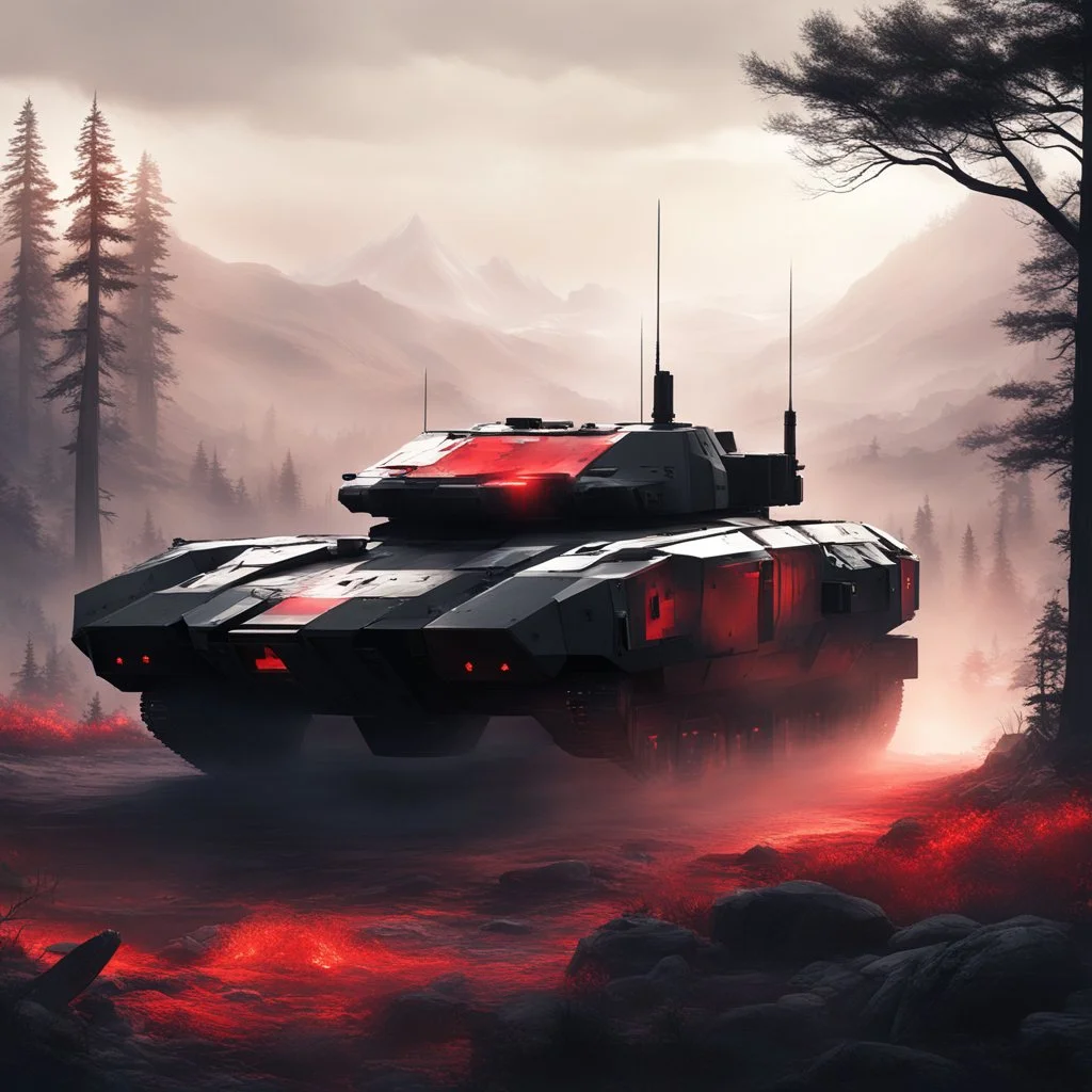 Visualize an incredible (((futuristic Metal Gear Solid Armored Tank))), standing ominously amidst a vast, untamed wilderness that surrounds it. The environment is bathed in a soft, ethereal glow that perfectly complements the tank's powerful form, with its iconic red, white, and black color scheme standing out against the gentle backdrop