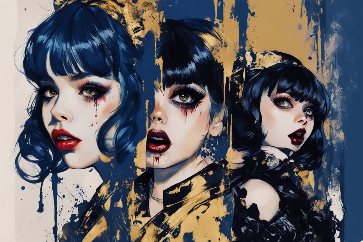 Poster in two gradually, a one side malevolent goth vampire girl face and other side the Singer Melanie Martinez face, painting by Yoji Shinkawa, darkblue and gold tones,