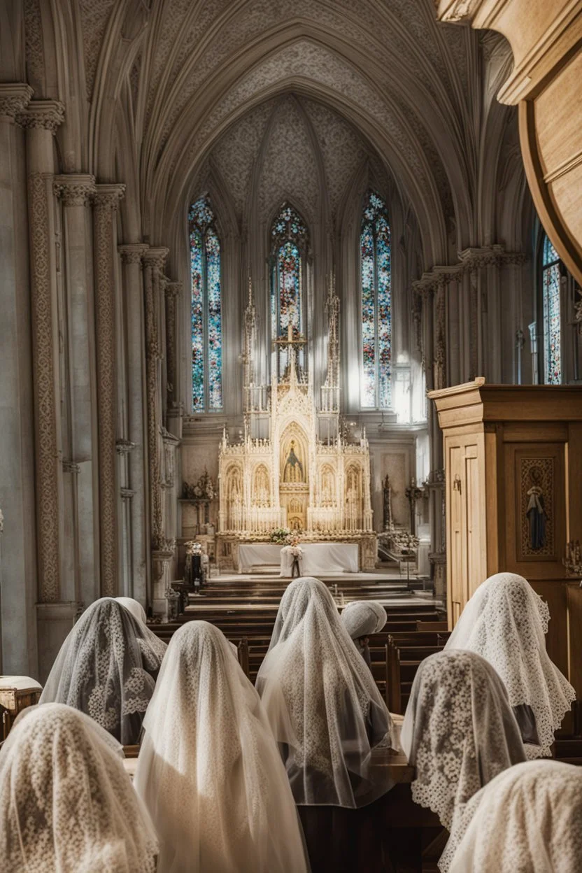 7 sisters wearing lace veil praying in church.cinematic.dark mood