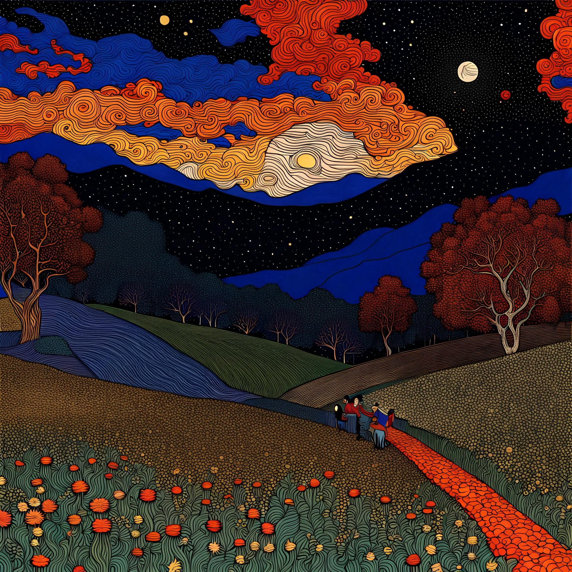 Colourful, peaceful, Egon Schiele, Max Ernst, Vincent Van Gogh, night sky filled with galaxies and stars, man, trees, flowers, one-line drawing, sharp focus, 8k, deep 3d field, intricate, ornate