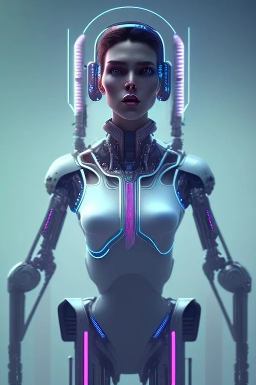 cyberpunk, head, robot, portrai, alone, high key lighting, volumetric light high details with white stripes and blue eye, smiling with plump pink lips, unreal engine petit prince belle fine, profil de trois quart, cristalline