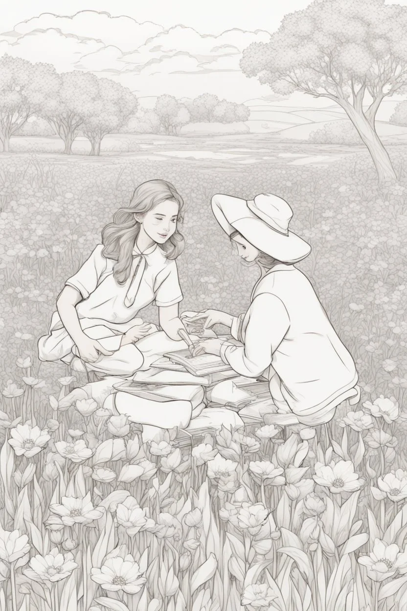 outline aPicnic in the Flower Field: Create a coloring page picnicking among colorful spring flowers. no people, White background. sketch style, clean line art, white background, no shadow and clear