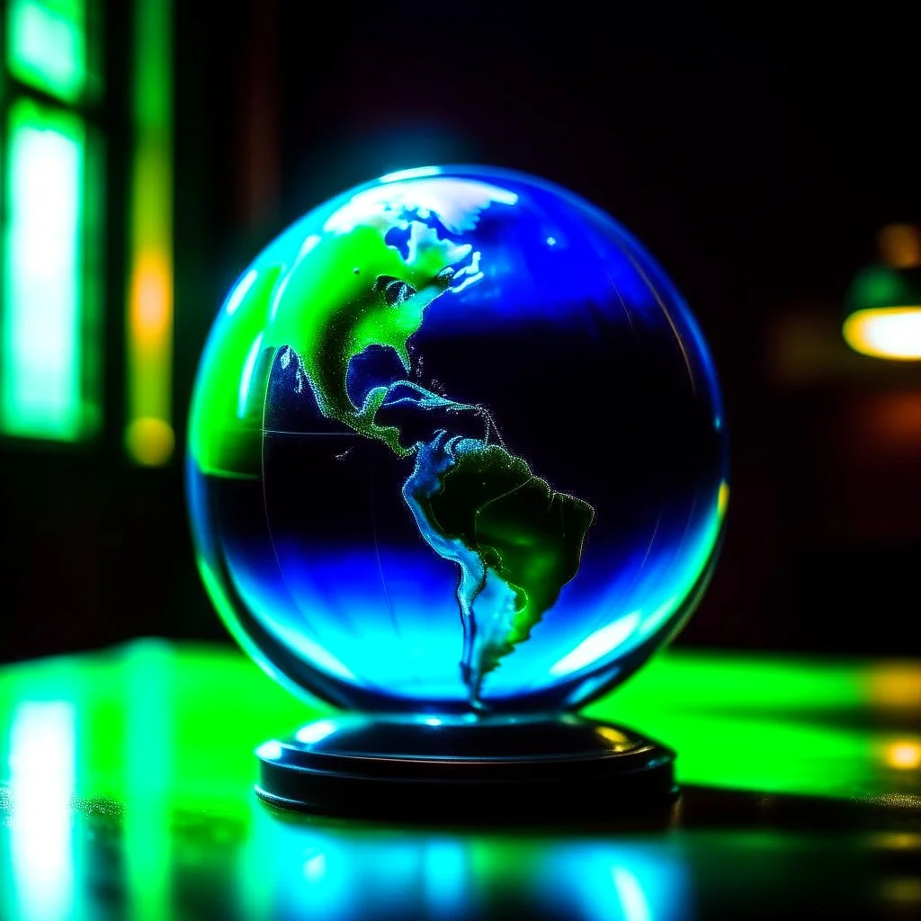 an earth globe looking like a crystal ball in a dark room, dark green and blue colors, fantasy atmosphere, photo quality