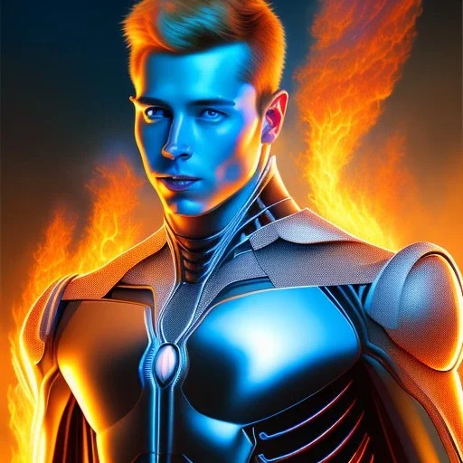 Retrato al oleo Épico de cuerpo completo de The human Torch,extremely detailed digital painting, extremely detailed realistic face,mystical colors,perfectly centered image, perfect composition, rim light, beautiful, lighting,8k, stunning scene, raytracing dibujado por Pablo Olivera y simon Bisley