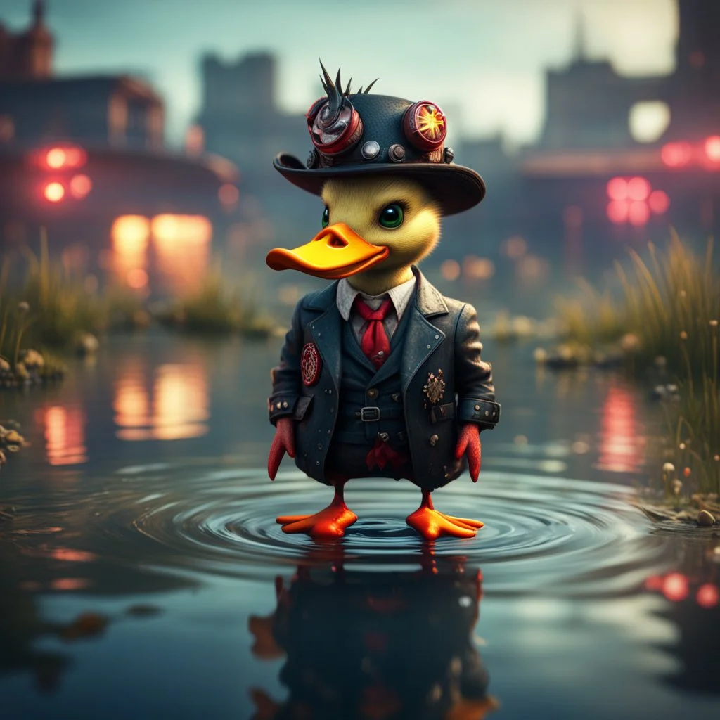 punk duck devil pimp in pond, in the style of a fallout 4,bokeh like f/0.8, tilt-shift lens 8k, high detail, smooth render, down-light, unreal engine, prize winning