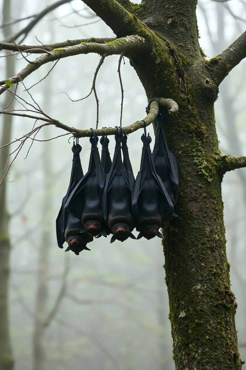 A group of black bats hanging upside down from a tree without leaves . The tree skin is covered in moss and lichen, allowing it to blend seamlessly into its surroundings. Forest Spirits feed on the energy of trees and can create thick fog to confuse their victims.