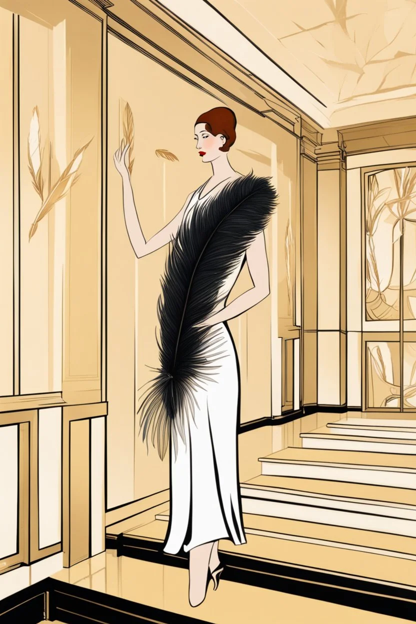 a woman with feathers in an Art Deco foyer by artist "Romain de Tirtoff"