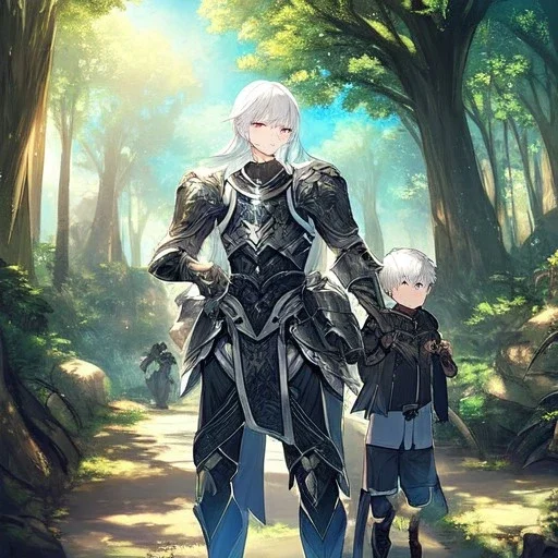 Girl with white hair. Boy with black hair wearing leather armor. Forest path