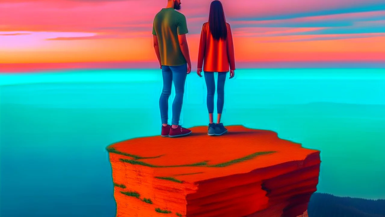 Only one guy and a girl are standing on the edge of a cliff and holding hands