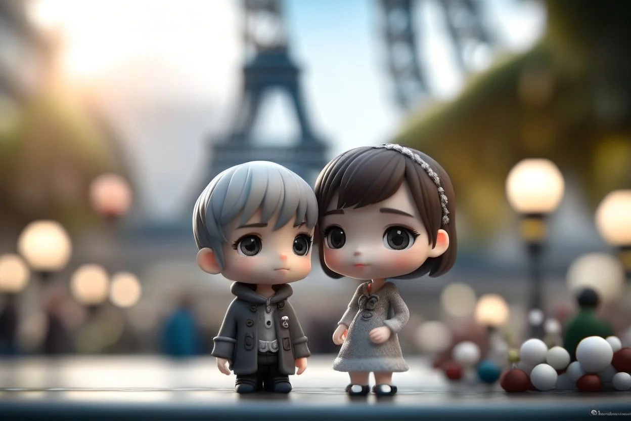 cute chibi mahogany haired girl with a short, silver haired boy, Eiffel tower, heart and love, flowers in Paris, ethereal, cinematic postprocessing, bokeh, dof