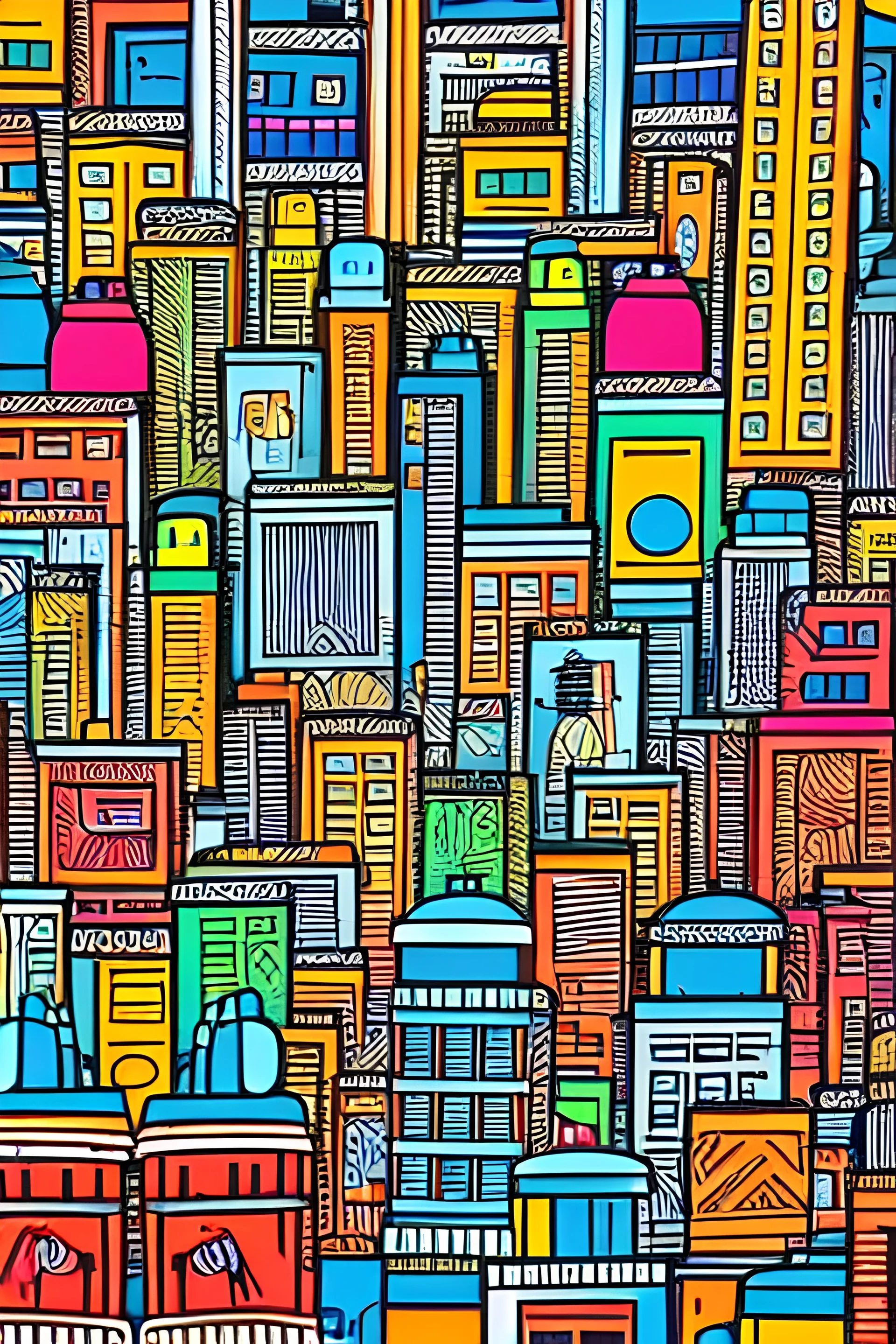 Cinematic colouring, book cover, intricate cityscape, streets, african, Ndebele, tribal, ROBOTS