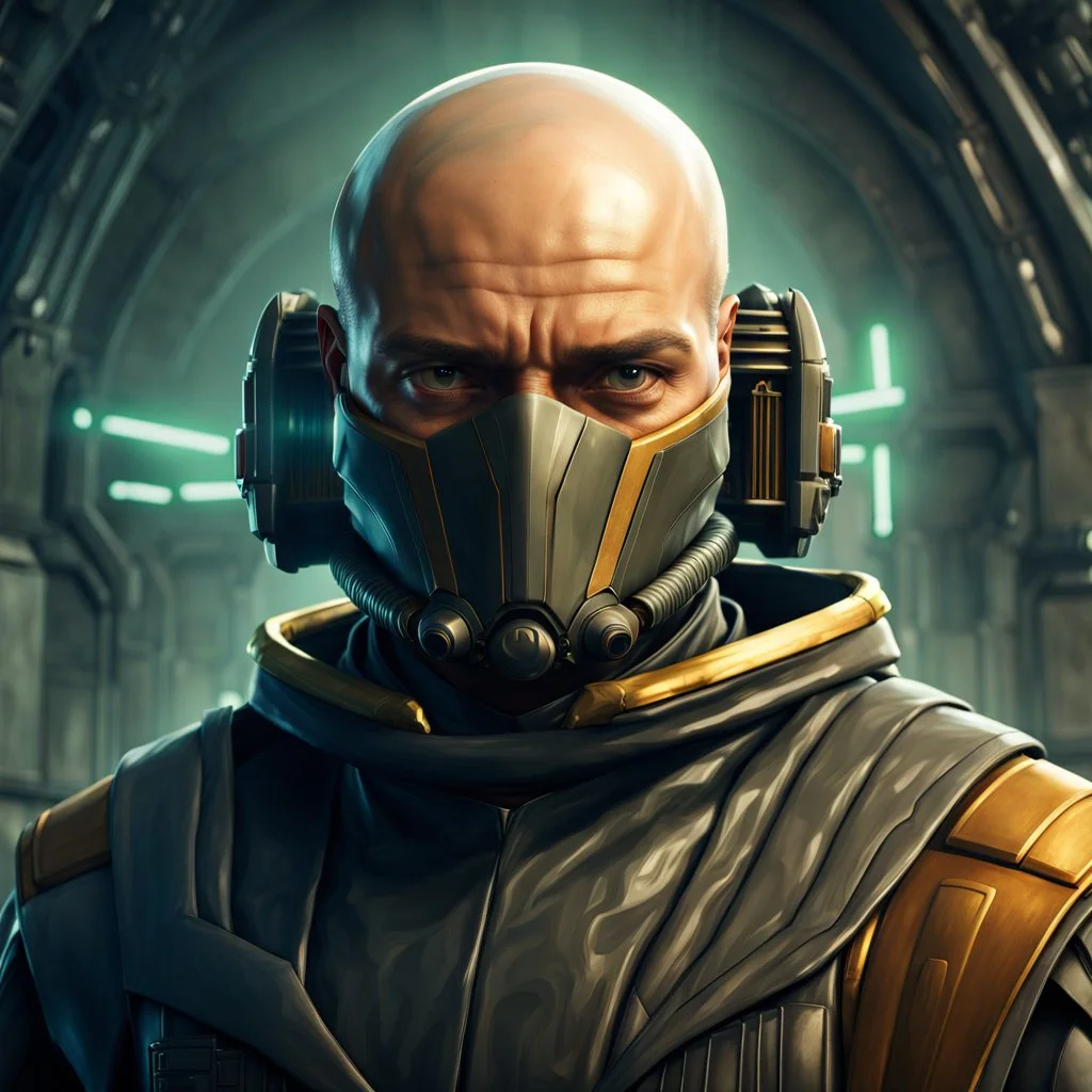 star wars bald male corellian pilot wearing pearlescent black and gunmetal grey First Order special forces heavy assault armor and helmet with gold trim inside the jedi temple, centered portrait, hyperdetailed, dynamic lighting, hyperdetailed background, 8k resolution, volumetric lighting, light skin, fully symmetric details