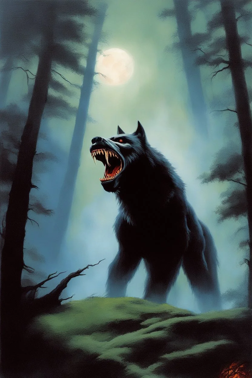 "Double Exposure" {{{{paul stanley full color oil painting art by Alex Ross, fog and clouds rising in the foreground}}}}. {{{{A giant werewolf roaming the woods at night, oil painting art by frank frazetta}}}}