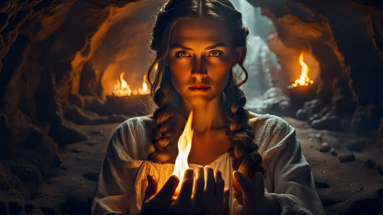 a sad woman with brown braided hair in profile in a scary cave, holding a flame in her palm in a white vintage long-sleeved nightgown, the inside of the cave is illuminated by the flame with yellow light,, close shot, detailed, high realistic, perfect photo, dramatic, dark fantasy