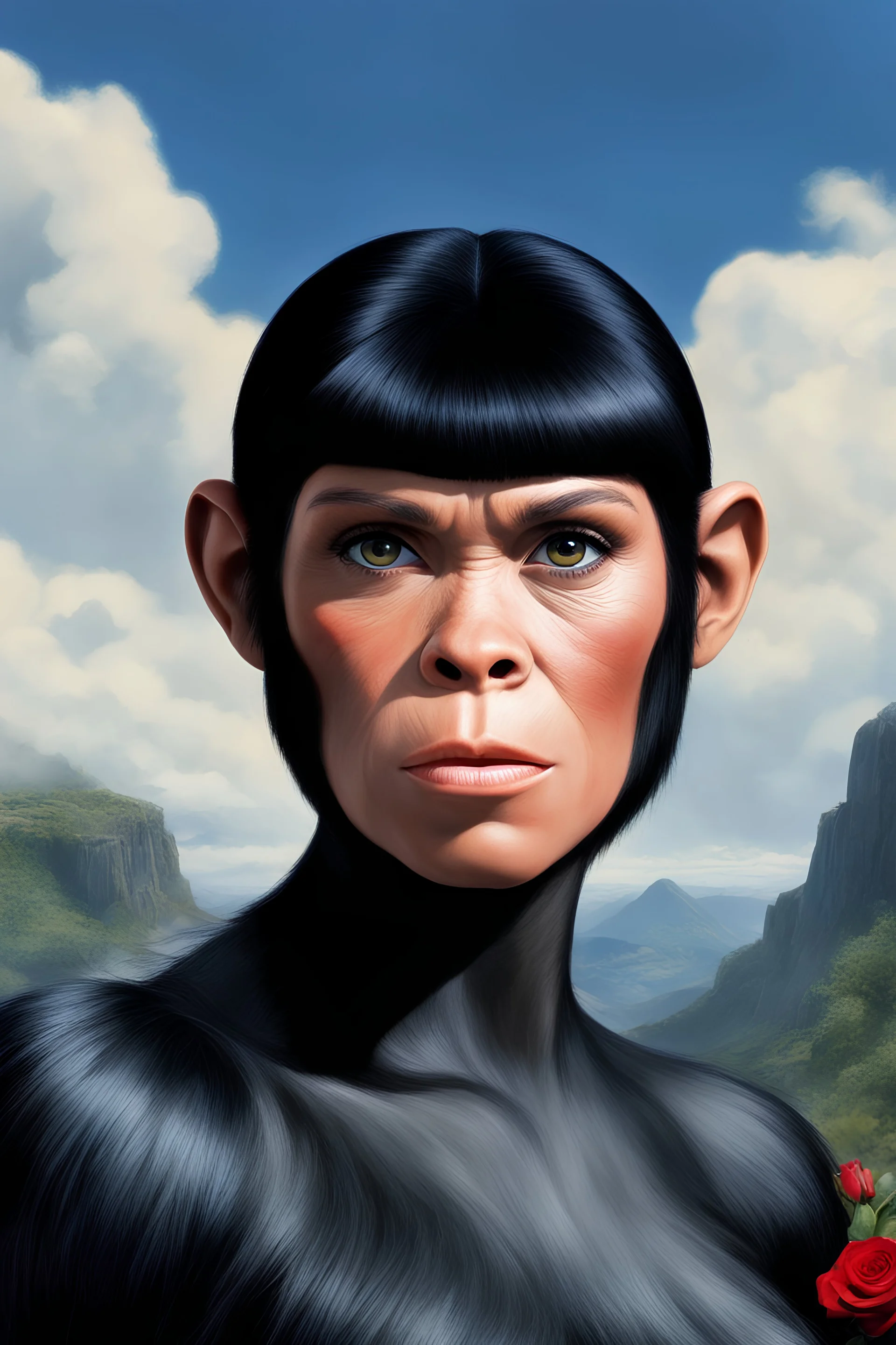 Planet of the Apes - black hair, Deep Blue Eyes - head and shoulders portrait - Lenna, part chimpanzee, part human, short, bowl-cut, straight black hair, the bangs cut straight across the forehead, she resembles a zira from the planet of the apes, and she resembles Leonard Nimoy - Mountains, blue skies, clouds, red roses, blue roses, yellow roses, honeysuckle roses, carnations, lilacs, professional quality, 32k, UHD, glossy, 1080p, Extremely high resolution Digital photograph, reality