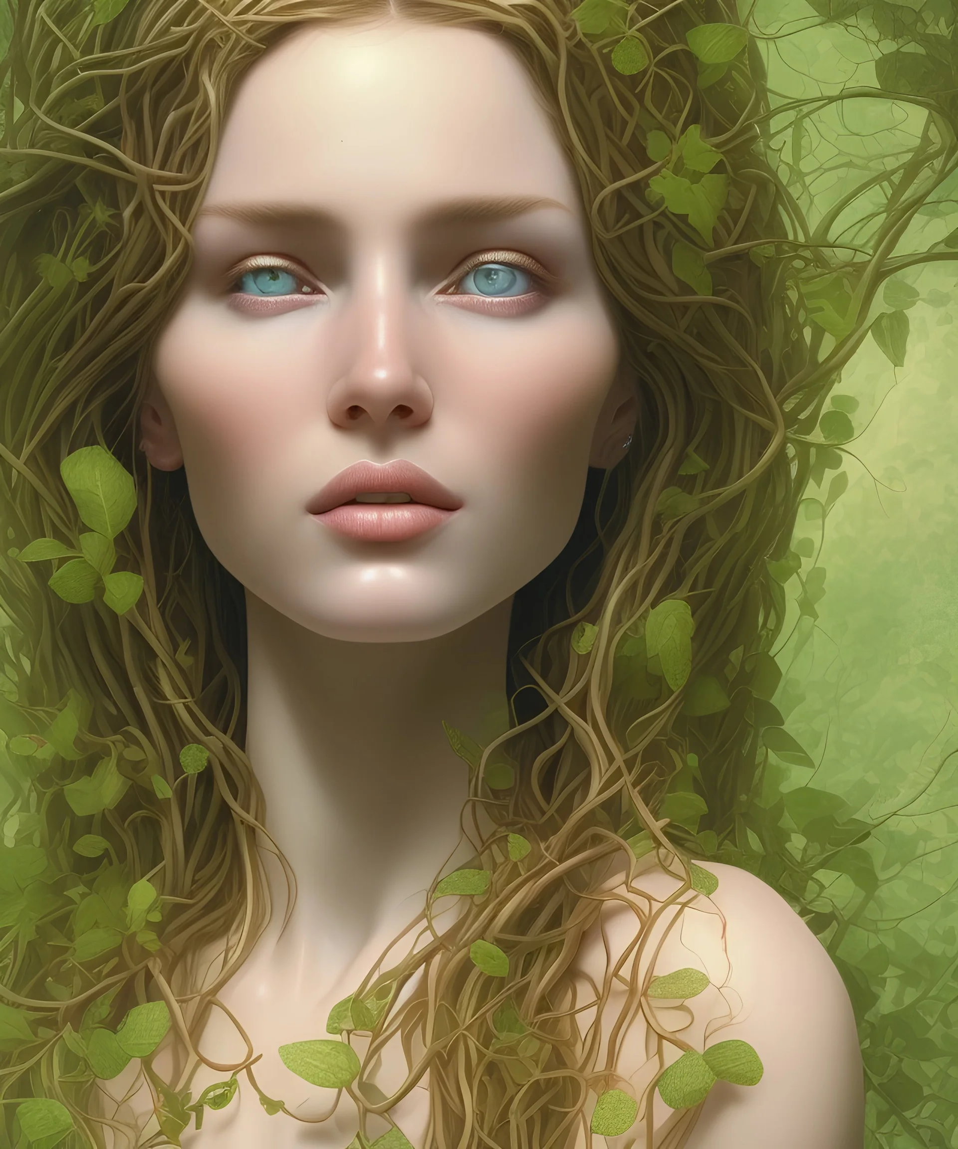 volumetric rootpunk environment and background, beautiful, holy and divine and elite very young european female cleric face portrait, detailed eyes, vines in light flowing hair, realistic shaded perfect face, fantasy, ambient occlusion, backlight, intricate complexity, fantasy character concept, realistic shaded volumetric lighting, 8k, colour-washed colors, colorful, art and illustration by sam curry