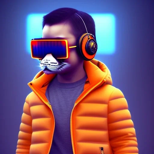 Tiger toddler, smile, cyberpunk headphone, sunglass, gangsta neckless, full body, orange puffer jacket, tokio background, dramatic lighting, hyper realistic, unreal engine 5, 16k