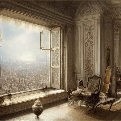 Living room with a big full wall window view on mediterranean Metropolis , white Beaux Arts architecture,interior design,point of perspective,by Jean Baptiste Monge, Epic cinematic, brilliant stunning, intricate, meticulously, detailed, dramatic atmospheric, maximalist digital matte painting